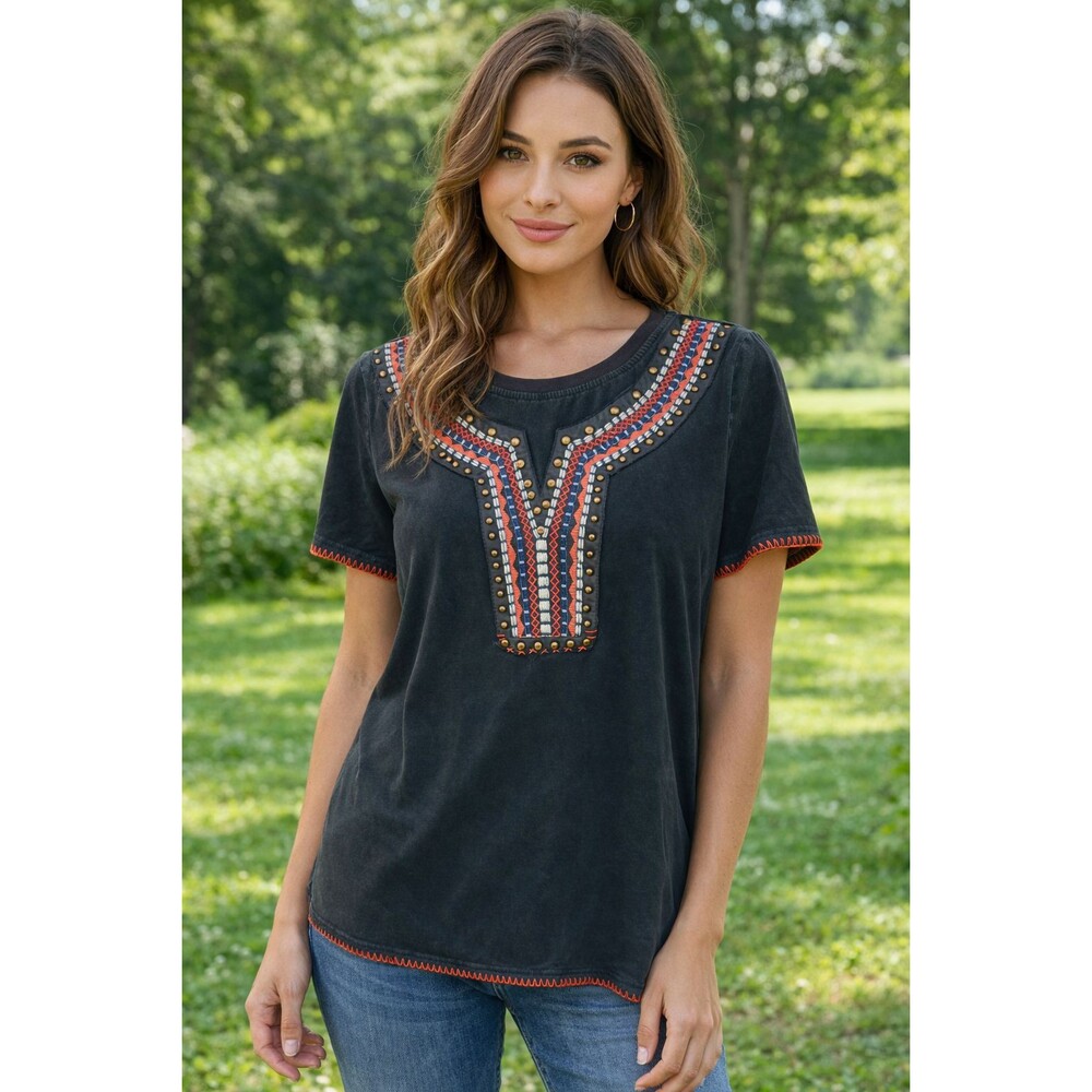 Delila Texas Black Boho Embroidered Top Womens L Studded Embellished Artisan